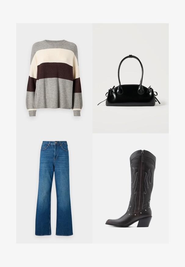 Strikket sweater i grå, creme og bordeaux striber. Har ribbet struktur, rund hals og lange ærmer med manschetter.; Bredde ben blå denim jeans med høj talje, lys falmning og klassisk fem-lomme design; har guldfarvet metal hardware og stikninger i kanten.; Brune læder cowboystøvler med flammebroderi, sidelukning med lynlås, sølvnitter, spids snude og lagdelt hæl.; Lille sort blank håndtaske med to lange håndtag og snøre-detaljer i siden på en ensfarvet lys baggrund.