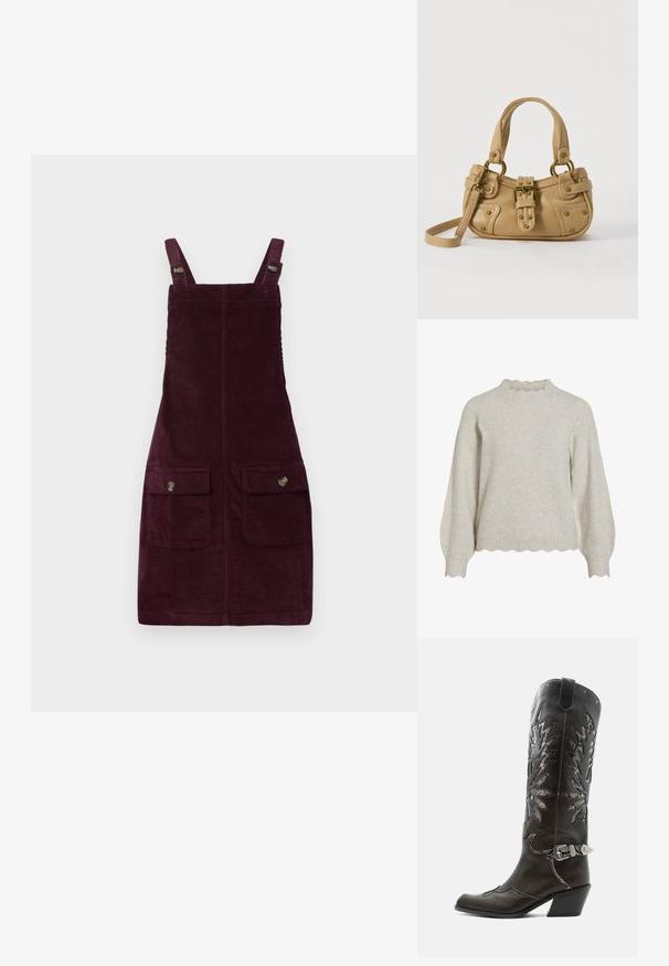 Helle beige Strickjacke mit einem gerippten, gewellten Ausschnitt und Saum. Verfügt über lange, ballonförmige Ärmel und einen weichen, strukturierten Stoff.; Rippkleid in tiefem Burgunderrot, mit verstellbaren Trägern, vorderen Taschen mit Metallbeschlägen und schmaler Passform. Strukturierter Stoff.; Schwarzer Leder-Cowboystiefel mit dekorativen Ausschnitten, silberner Schnalle und schräger Ferse, auf weißem Hintergrund dargestellt.; Beige Lederhandtasche mit doppelten Griffen, Messingschnalle und Nieten, sowie verstellbarem Schultergurt vor weißem Hintergrund.