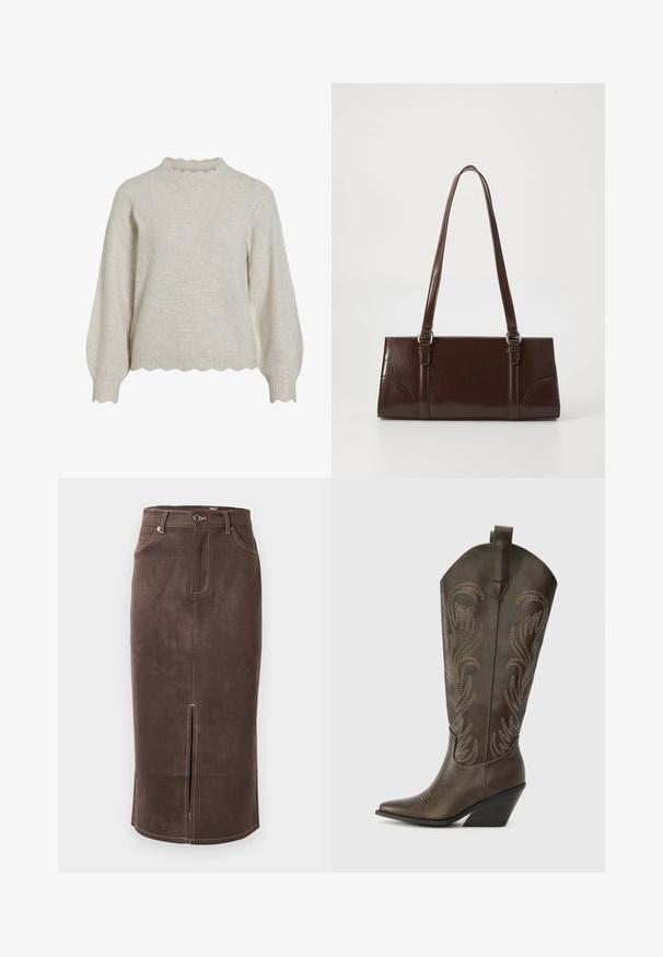 Helle beige Strickjacke mit einem gerippten, gewellten Ausschnitt und Saum. Verfügt über lange, ballonförmige Ärmel und einen weichen, strukturierten Stoff.; Brauner Wildleder-Bleistiftrock mit vorderem Schlitz, kontrastierendem weißen Stich und klassischem Fünf-Taschen-Design. Klassischer Knopfverschluss an der Taille.; Braune Leder-Cowboystiefel mit einer spitzen Zehe, Wedge-Absatz und dekorativer Stickerei. Besitzt einen hohen Schaft und eine Zuglasche.; Braune Lackleder-Handtasche in rechteckiger Form, mit zwei langen Griffen und subtilen, geschwungenen Akzenten auf der Vorderseite.