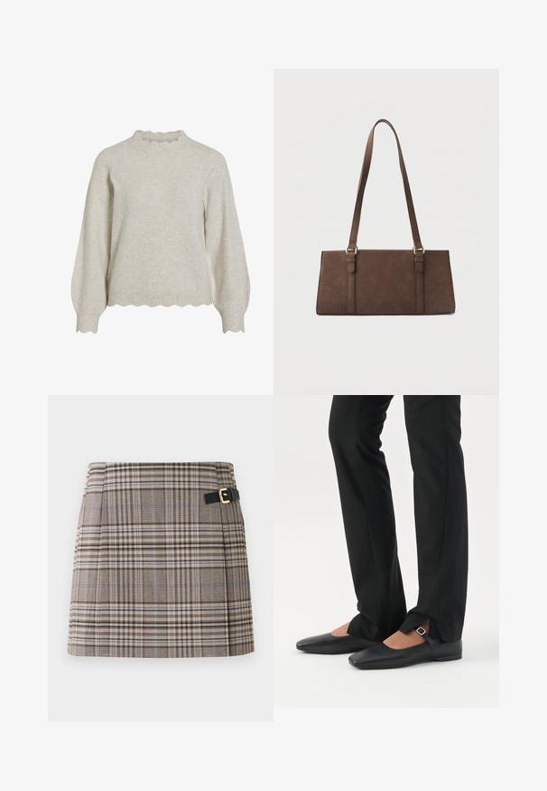 Helle beige Strickjacke mit einem gerippten, gewellten Ausschnitt und Saum. Verfügt über lange, ballonförmige Ärmel und einen weichen, strukturierten Stoff.; Karierte Minirock in Braun, Beige und Blau mit einer Schnalle an einem schwarzen Gürtel. Strukturierter Stoff mit Falten entlang der Vorderseite.; Beine in schwarzen schmalen Hosen mit vorderen Schlitzen am Saum, kombiniert mit schwarzen flachen Mary-Jane-Schuhen mit kleinem Schnallenriemen.; Braune rechteckige Schultertasche mit langen Trägern und minimalen Steppnähten vor einfarbigem Hintergrund.