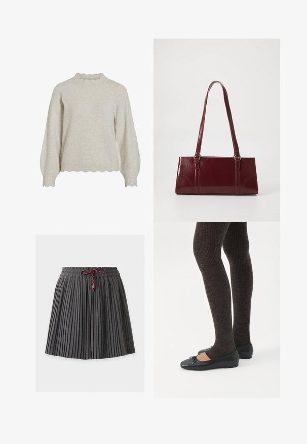Lichtbeige trui met een geribbelde, geschulpte halslijn en zoom. Beschikt over lange, ballonvormige mouwen en een zachte, textuurstof.; Donkergrijze geplooide rok met een elastische tailleband en een gebonden bordeaux koord aan de voorkant in het midden.; Benen met donkere geribbelde leggings gecombineerd met zwarte ballerina's met kleine strikdetails op een witte achtergrond.; Bourgondische handtas van glanzend materiaal, rechthoekige vorm, met twee schouderbanden en subtiele gebogen accenten aan de voorkant.