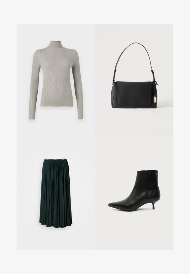 Pull à col roulé côtelé gris clair avec des manches longues. Texture douce, design ajusté, doté d'un col haut et d'une finition sans couture.; Jupe longue plissée de couleur vert foncé avec une large ceinture arborant le nom de la marque "LACOSTE" en lettres vertes contrastantes.; Bottine en cuir noir avec bout pointu et petit talon kitten sur fond clair, vue côté extérieur.; Sac à bandoulière en cuir noir avec fermeture à rabat et une seule sangle, avec une étiquette rectangulaire dorée attachée sur un côté.