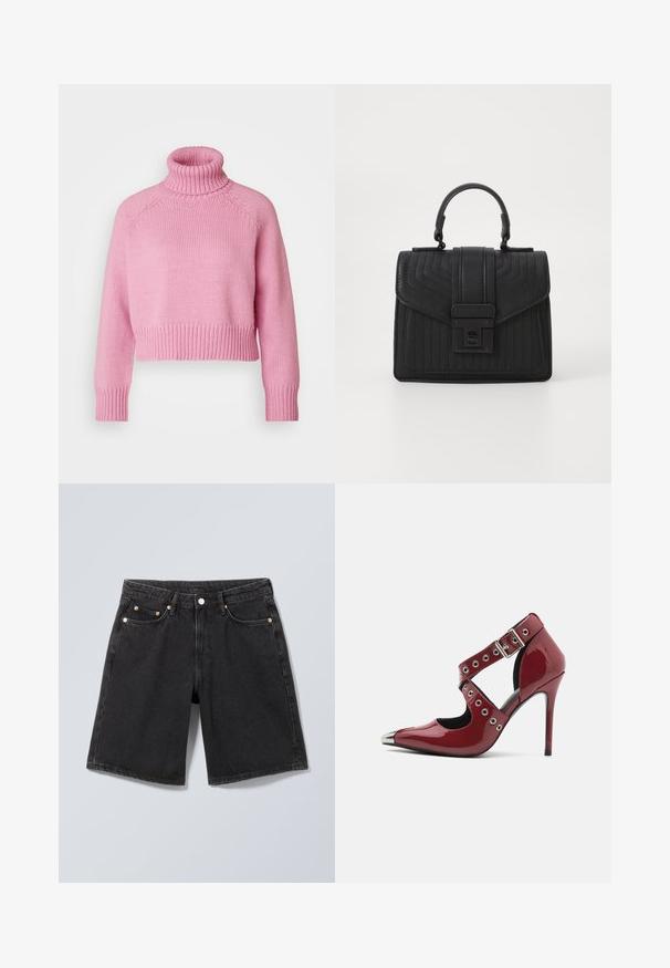 Vero Moda Petite VMMIRANDA - Neule - fuchsia pink; Mustat denimhousut, joissa on edessä nappikiinnitys, vyölenkit ja viiden taskun muotoilu, esitetty neutraalin harmaalla taustalla.; Punttiput punainen lakattu korkokenkä, jossa on leikattu muotoilu, hopeiset pyöreät niitit ja terävä nenä, jossa on metallinen yksityiskohta kärjessä.; Mustat nahkalaukku, jossa on tikattu pinta, suorakulmainen muoto, pääkahva ja edessä läppä, jossa on hopeanvärinen solki.