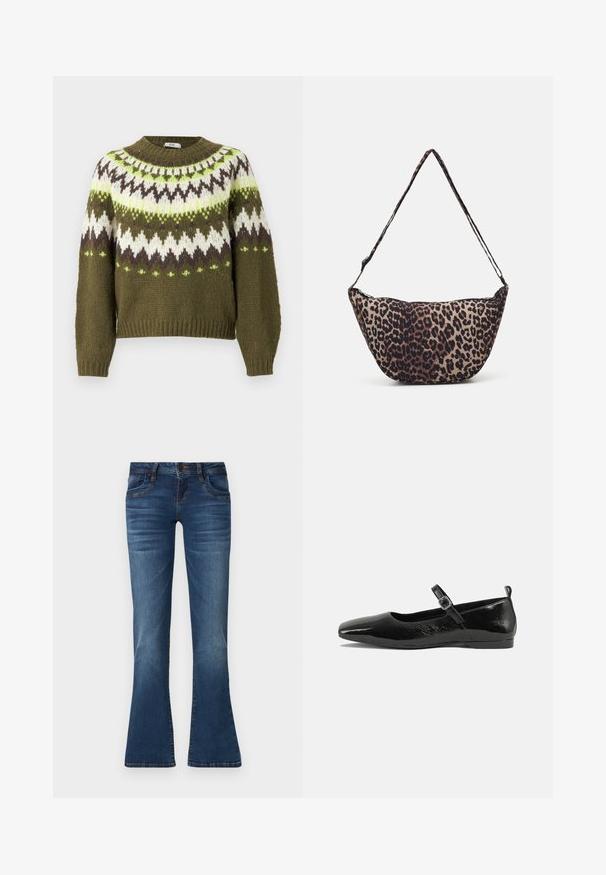 JDY JDYKINSLEY FAIR ISLE - Pullover - winter moss; Jean en denim bleu avec une jambe légèrement évasée, fermeture à bouton sur le devant, poches et détails subtils de décoloration sur les cuisses et les genoux.; Chaussure plate en cuir verni noir avec un bout pointu, une sangle de cheville avec boucles, et une texture lisse et brillante. Talon bas pour le confort.; Sac en tissu imprimé léopard avec une forme courbée, une fine bandoulière et une fermeture éclair. Teintes naturelles de beige et de marron foncé. Texture lisse.