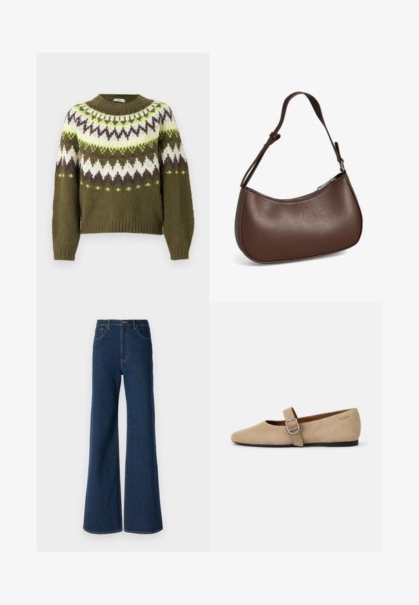 JDY JDYKINSLEY FAIR ISLE - Pullover - winter moss; Abercrombie & Fitch Jean boyfriend - rinse; Ballerines en daim beige de style Mary Jane avec un bout pointu et une seule sangle réglable dotée d'une boucle en métal argenté. Semelle plate noire.; Petit sac bandoulière en cuir marron avec sangle réglable et fermeture éclair, présenté sur fond blanc. Aucun logo ou décoration visible.
