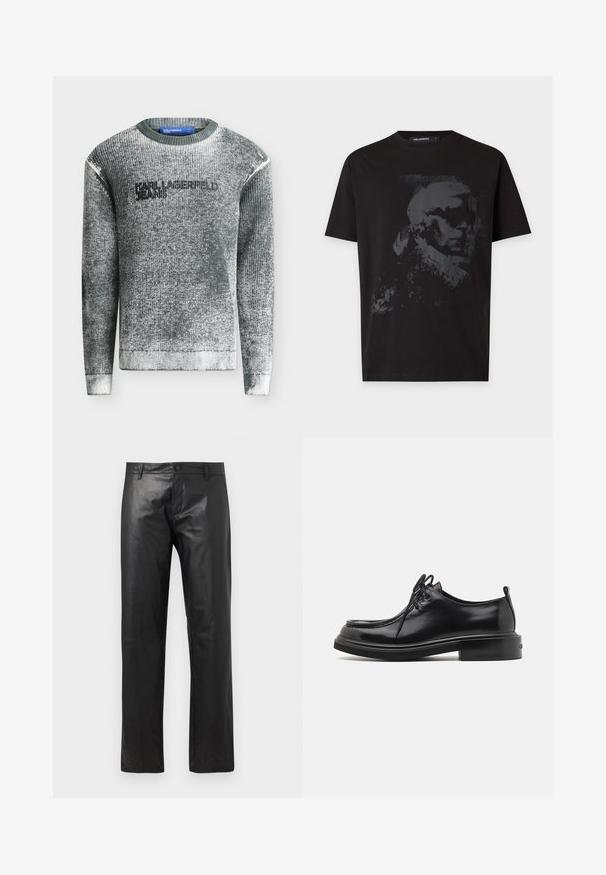 Pull en maille texturée grise avec col, poignets et bas côtelés, présentant le logo texte "KARL LAGERFELD JEANS" sur la poitrine.; T-shirt noir à manches courtes avec un motif gris foncé représentant le profil latéral d’un homme portant des lunettes de soleil et un col montant.; Pantalon en cuir noir à jambes droites avec bouton à l'avant et passants pour ceinture, présenté sur un fond blanc uni.; Calvin Klein LACE UP APRON BRUSH OFF - Derbies - black