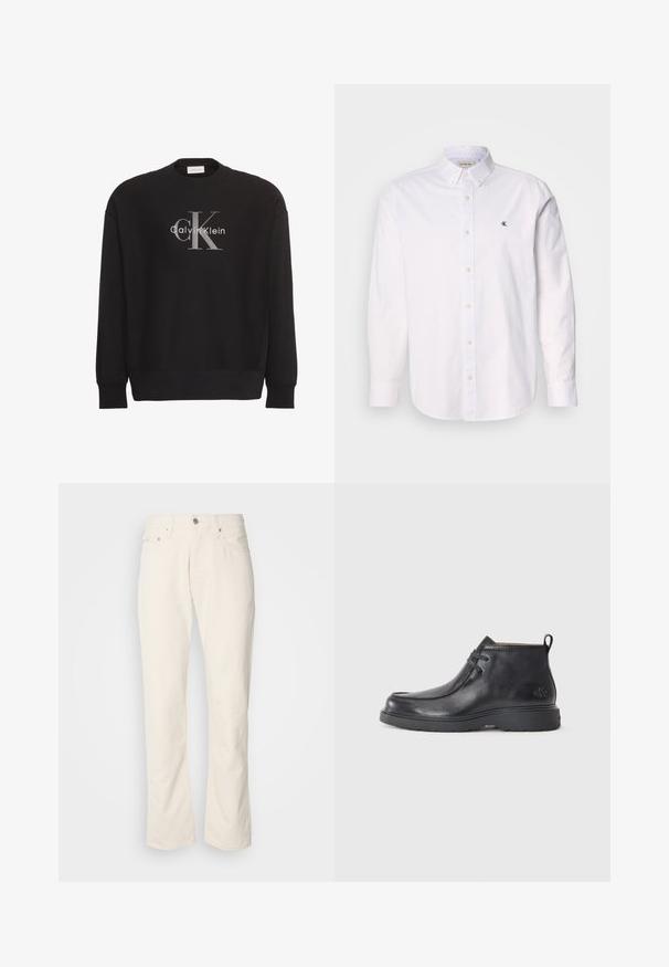 Čierna mikina s dlhým rukávom s veľkým sivým textovým logom "cK" a bielym "Calvin Klein" v strede na prednej strane.; Biela košeľa s gombíkmi vyrobená z bavlny, s klasickým golierom, dlhými rukávmi a malým logom CK na ľavej hrudi. Hladká textúra.; Béžové bavlnené džínsy s klasickým strihom rovného nohu, so zapínaním na prednom tlačidle, piatimi vreckami a jemnými detailmi v šití.; Čierne kožené členkové čižmy s okrúhlou špičkou, šnurovací dizajn a pútko na zadnej strane. Štruktúrovaný zvršok a gumová podrážka.