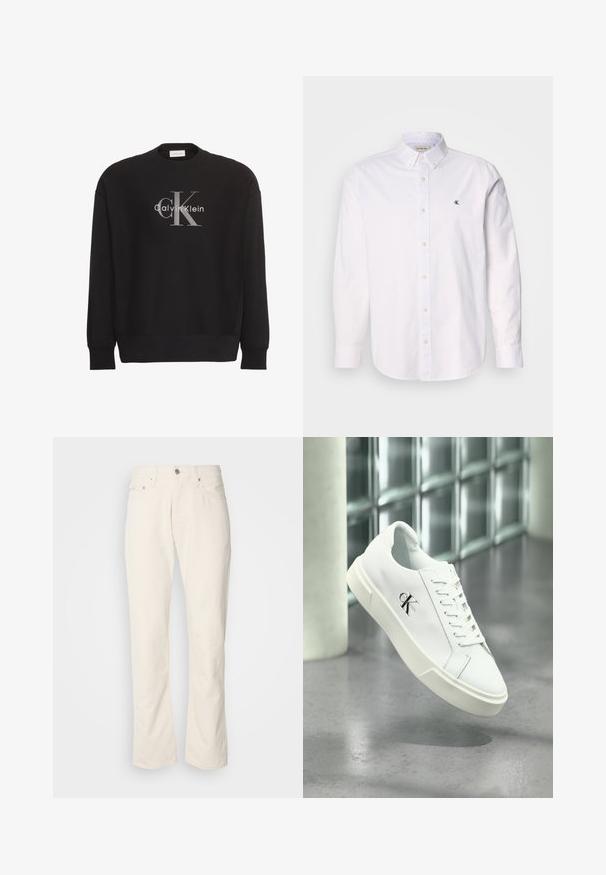 Musta pitkähihainen collegepaita, jossa suuri harmaa "cK"- ja valkoinen "Calvin Klein"-tekstilogo edessä keskellä.; Valkoinen napillinen paita, joka on valmistettu puuvillasta. Paidassa on klassinen kaulus, pitkät hihat ja pieni CK-logo vasemmassa rinnassa. Sujuva rakenne.; Beige puuvillafarkut klassikalisella suoranlahkeisella muotoilulla, etupainikkeella suljettuna, viidellä taskulla ja hillityillä ompeluyksityiskohdilla.; Valkoinen Calvin Klein -lenkkari nauhoilla, esillä leijumassa kiillotetun betonilattian ja lasiblokkiseinän taustalla.