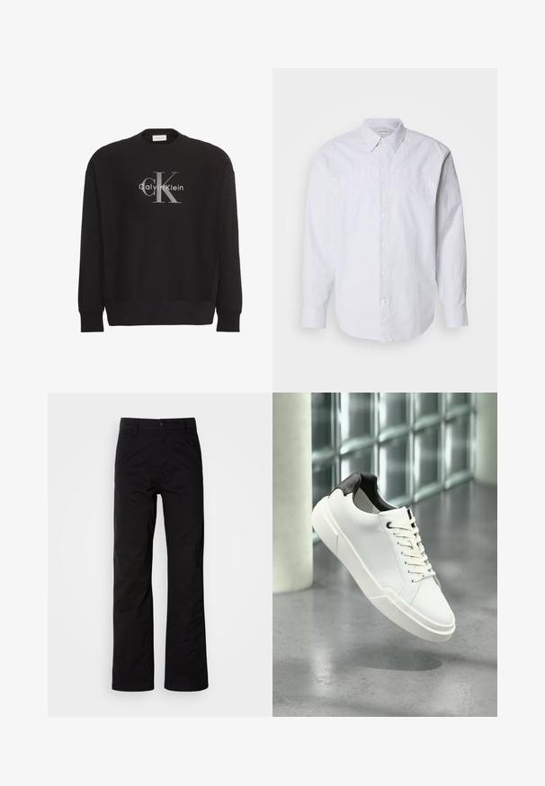 Zwarte longsleeve trui met groot grijs "cK" en wit "Calvin Klein" tekstlogo, gecentreerd aan de voorkant.; Witte lange mouwen shirt van linnen met verticale blauwe strepen, voorzien van een knoopsluiting aan de voorkant en een reliëf "CALVIN KLEIN" logo over de borst.; Zwarte katoenen broek met een recht design, voorzien van een knoopsluiting en riemlussen. Gladde textuur en minimalistische stijl zonder zichtbare patronen.; Witte lage sneaker met zwarte, gestructureerde hielkap, witte veters en dikke zool op een gepolijste betonnen vloer nabij glazen blokken.