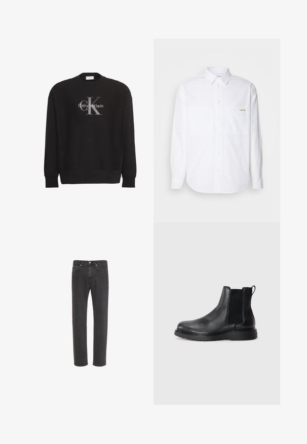 Zwarte longsleeve trui met groot grijs "cK" en wit "Calvin Klein" tekstlogo, gecentreerd aan de voorkant.; Witte lange mouwen overhemd met knopen gemaakt van katoen. Heeft twee borstzakken, een gebogen zoom en een klein gouden logo op de linkerzak.; Zwarte rechte denim jeans met knoop- en ritssluiting aan de voorkant, voor- en achterzakken, weergegeven op een witte achtergrond.; Zwarte leren Chelsea boots met een gestructureerde afwerking, elastische zijpanelen en een stevige rubberen zool. Subtiele branding op de hiel.