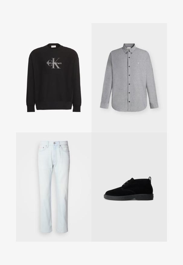 Čierna mikina s dlhým rukávom s veľkým sivým textovým logom "cK" a bielym "Calvin Klein" v strede na prednej strane.; Svetlosivá košeľa s dlhým rukávom na gombíky s golierom na gombíky a malým vyšívaným logom "cK" na ľavej strane hrudníka.; Svetlomodré riflové nohavice so strihom rovného nohavice. Majú gombíkový uzáver a pútka na opasok, pričom preukazujú vyblednutú štruktúru a minimálne šitie.; Čierne suede ankle boots s okrúhlou špičkou, šnurovacími detailmi, čiernou gumovou podrážkou a ťahacou slučkou na zadnej strane pre jednoduché obúvanie.