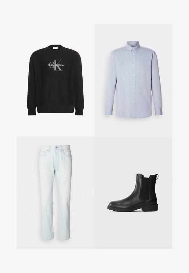 Schwarzer Langarm-Sweatshirt mit großem grauem "cK"-Textlogo und weißem "Calvin Klein"-Textlogo, mittig vorne platziert.; Helles blaues Langarmhemd mit Knopfverschluss aus Baumwolle und weicher Textur, mit klassischem Kragen und vorderem Knopfverschluss.; Hellblaue Jeans mit geradem Bein. Verfügt über einen Knopfverschluss und Gürtelschlaufen, präsentiert eine ausgebleichte Textur und minimale Nähte.; Schwarze Leder-Stiefelette mit elastischen Seiteneinsätzen, Zugschlaufe an der Ferse und niedrigem Blockabsatz vor einem schlichten Hintergrund.