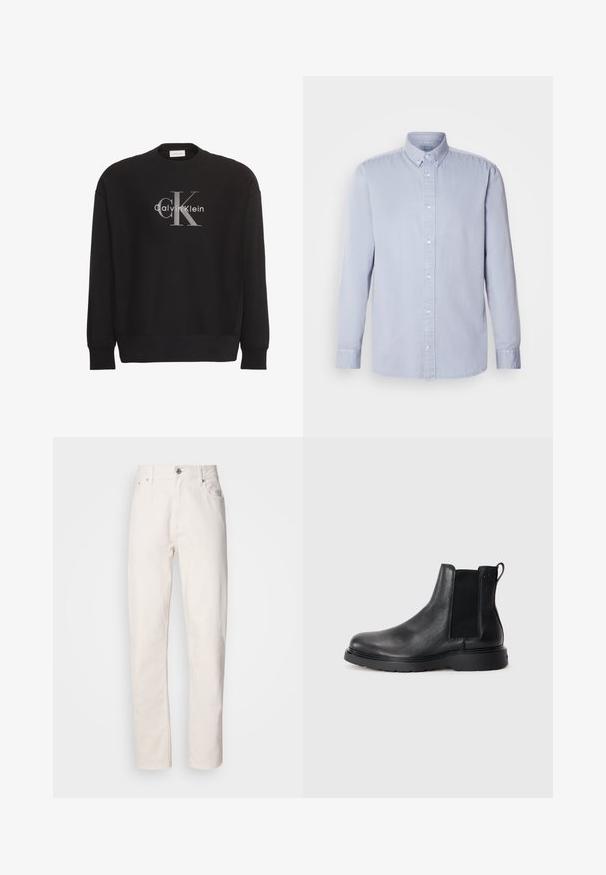 Schwarzer Langarm-Sweatshirt mit großem grauem "cK"-Textlogo und weißem "Calvin Klein"-Textlogo, mittig vorne platziert.; Helles blaues Langarmhemd mit Knopfverschluss aus Baumwolle und weicher Textur, mit klassischem Kragen und vorderem Knopfverschluss.; Weiße Denim-Jeans mit geradem Bein, Knopf- und Reißverschluss, Gürtelschlaufen sowie Vorder- und Hintertaschen, auf einfarbigem Hintergrund gezeigt.; Schwarze Leder-Chelsea-Boots mit strukturiertem Finish, elastischen seitlichen Einsätzen und einer robusten Gummisohle. Dezentes Branding an der Ferse.