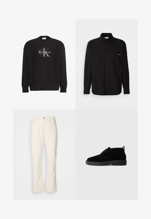 Sudadera negra de manga larga con gran logo de texto gris "cK" y blanco "Calvin Klein" centrado en el frente.; Camisa negra de manga larga fabricada en algodón, con cierre de botones en el frente, dos bolsillos en el pecho y un pequeño logo en el bolsillo izquierdo.; Jeans de algodón color beige con un diseño clásico de pierna recta, que cuentan con un cierre frontal de botón, cinco bolsillos y detalles de costura sutiles.; Botas de tobillo de ante negro con punta redondeada, diseño de cordones, suela de goma negra y una lengüeta en la parte trasera para facilitar su uso.