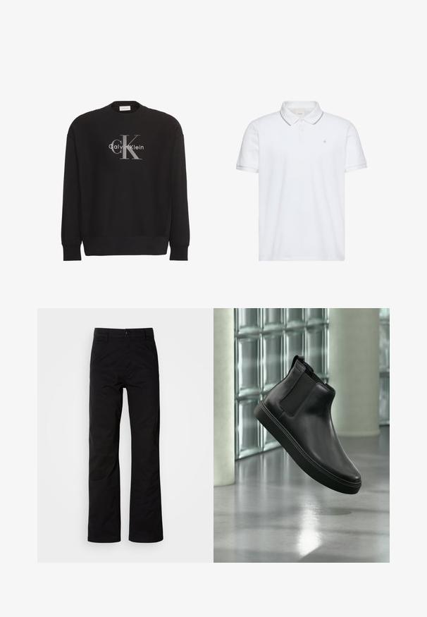 Čierna mikina s dlhým rukávom s veľkým sivým textovým logom "cK" a bielym "Calvin Klein" v strede na prednej strane.; Biele polo tričko s krátkym rukávom, so zapínaním na dva gombíky, sivým lemom na golieri a manžetách a malým vyšívaným logom "ck" na hrudi.; Čierne bavlnené nohavice s rovnými nohavicami, s gombíkovým zapínaním a pútkami na opasok. Hladká textúra a minimalistický štýl bez viditeľných vzorov.; Čierna kožená členková obuv s elastickými bočnými panelmi, plávajúca nad leštenou betónovou podlahou a sklenenými blokmi v pozadí.