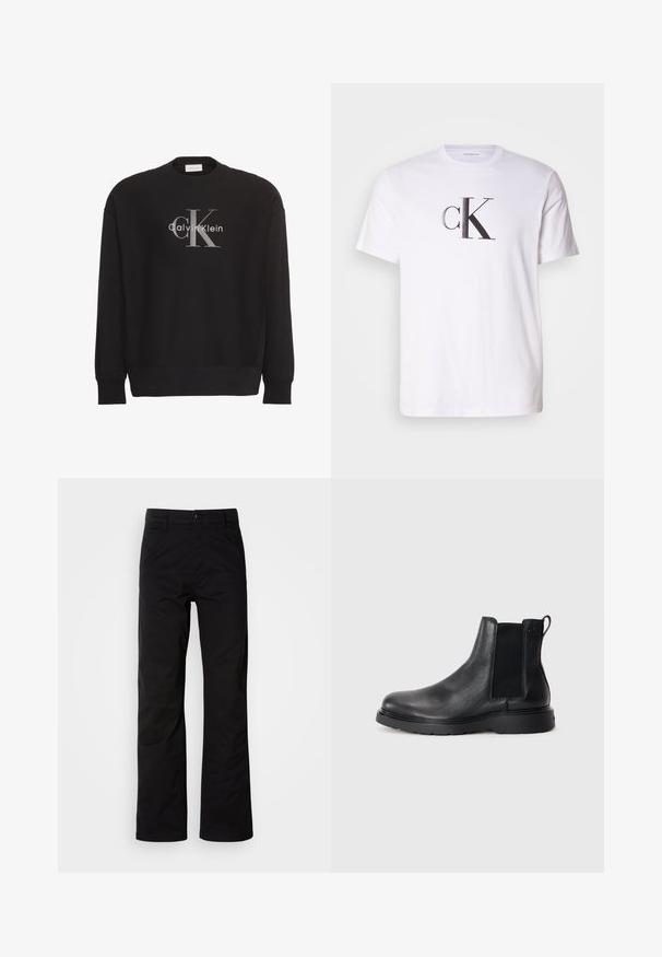 Čierna mikina s dlhým rukávom s veľkým sivým textovým logom "cK" a bielym "Calvin Klein" v strede na prednej strane.; Biele bavlnené tričko s výrazným čiernym logom 'cK' v tučnom písmene na prednej strane. Krátke rukávy a klasický okrúhly výstrih.; Čierne bavlnené nohavice s rovnými nohavicami, s gombíkovým zapínaním a pútkami na opasok. Hladká textúra a minimalistický štýl bez viditeľných vzorov.; Čierne kožené chelsea čižmy s textúrovaným povrchom, elastickými bočnými panelmi a pevným gumovým podpätkom. Diskrétny branding na päte.