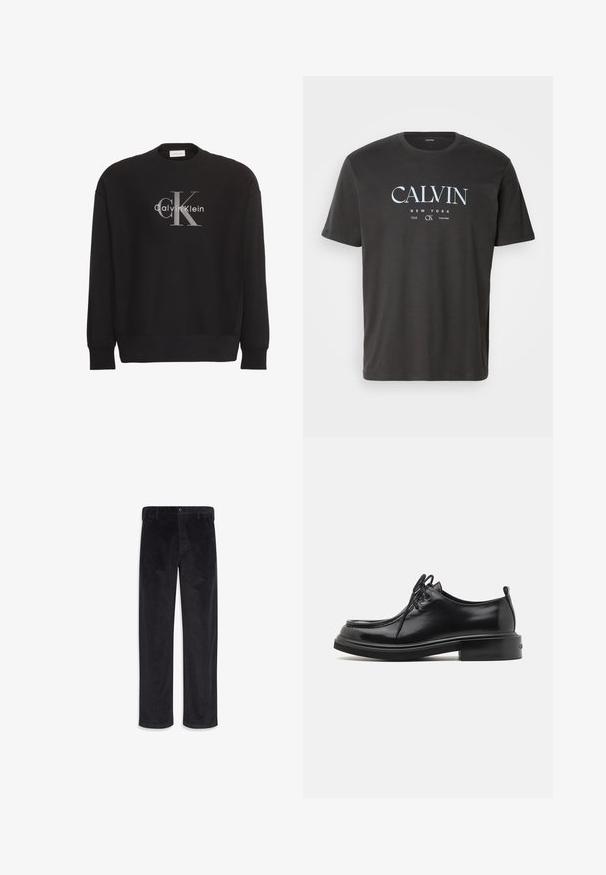 Schwarzer Langarm-Sweatshirt mit großem grauem "cK"-Textlogo und weißem "Calvin Klein"-Textlogo, mittig vorne platziert.; Schwarzes Baumwoll-T-Shirt mit kurzen Ärmeln, mit einem weißen Logo, das "CALVIN NEW YORK 1968 CK" in der Mitte der Vorderseite zeigt.; Schwarze Cordhose mit geradem Bein, Knopf- und Reißverschluss, Gürtelschlaufen und Seitentaschen.; Calvin Klein LACE UP APRON BRUSH OFF - Schnürer - black