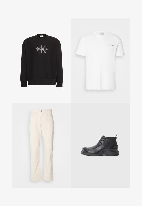 Must pikkade varrukatega dressipluus, millel on suur hall "cK" ja valge "Calvin Klein" tekstilogoga esiküljel keskel.; Valge puuvillasest T-särk lühikäistega ja ümarkaelusega. Vasakul rinnal on väike must "Calvin Klein" logo.; Bežist puuvillased teksad klassikalise sirge lõikega, ees nupu sulgemisega, viie taskuga ja peene õmbluse detailidega.; Mustad nahkjalatsid, ümarate varvastega, nöörimisega disain ja taga tõmbeosa. Tekstuuriga pealisosa ja kummist tald.