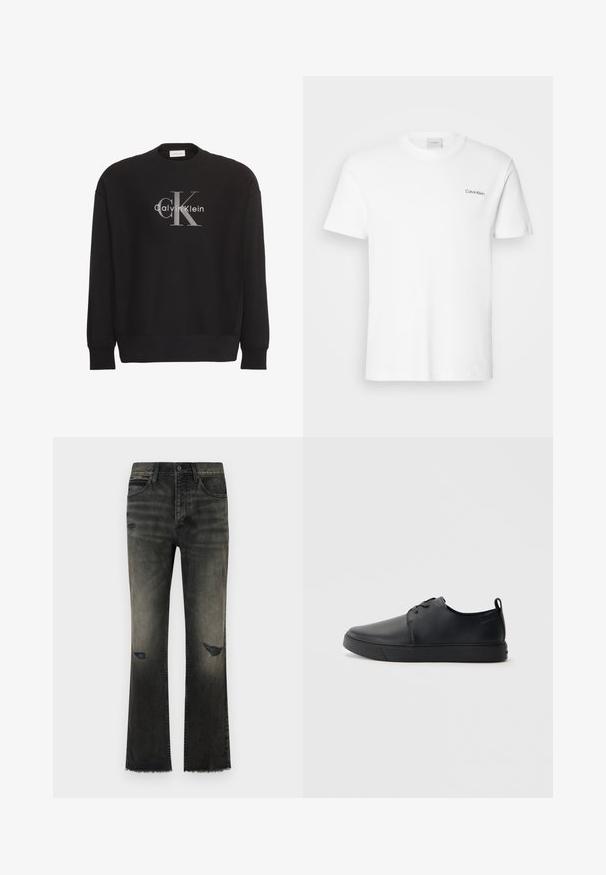 Sudadera negra de manga larga con gran logo de texto gris "cK" y blanco "Calvin Klein" centrado en el frente.; Camiseta de algodón blanca con mangas cortas y un escote en forma de cuello redondo. Presenta un pequeño logotipo negro de "Calvin Klein" en el lado izquierdo del pecho.; Jeans de mezclilla negra acampanada con un acabado deslavado, desgastes visibles y dobladillo deshilachado. Presenta un estilo clásico de cinco bolsillos y cierre de botón metálico.; Zapatilla negra de cuero con acabado suave, punta redondeada, costuras a tono, cordones en la parte delantera y suela de goma plana. Asa en el talón.