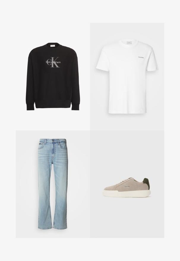Zwarte longsleeve trui met groot grijs "cK" en wit "Calvin Klein" tekstlogo, gecentreerd aan de voorkant.; Witte katoen T-shirt met korte mouwen en een ronde hals. Bevat een klein zwart "Calvin Klein" logo op de linkerborst.; Lichtblauwe denim jeans met een rechte pijp, voorzien van vijf zakken, een knoopsluiting en subtiele vervaging op de stof.; Beige suède sneakers met een witte rubberen zool, voorzien van een donkergroene hielaccent en subtiele branding aan de zijkant.