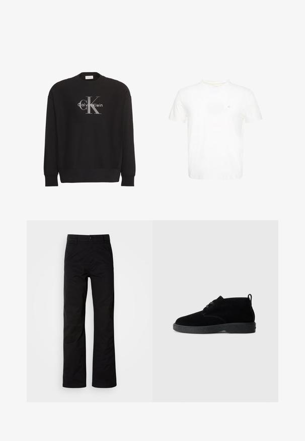 Čierna mikina s dlhým rukávom s veľkým sivým textovým logom "cK" a bielym "Calvin Klein" v strede na prednej strane.; Biele tričko s krátkym rukávom a okrúhlym výstrihom s malým vyšívaným logom "ck" na ľavej strane hrudníka.; Čierne bavlnené nohavice s rovnými nohavicami, s gombíkovým zapínaním a pútkami na opasok. Hladká textúra a minimalistický štýl bez viditeľných vzorov.; Čierne suede ankle boots s okrúhlou špičkou, šnurovacími detailmi, čiernou gumovou podrážkou a ťahacou slučkou na zadnej strane pre jednoduché obúvanie.