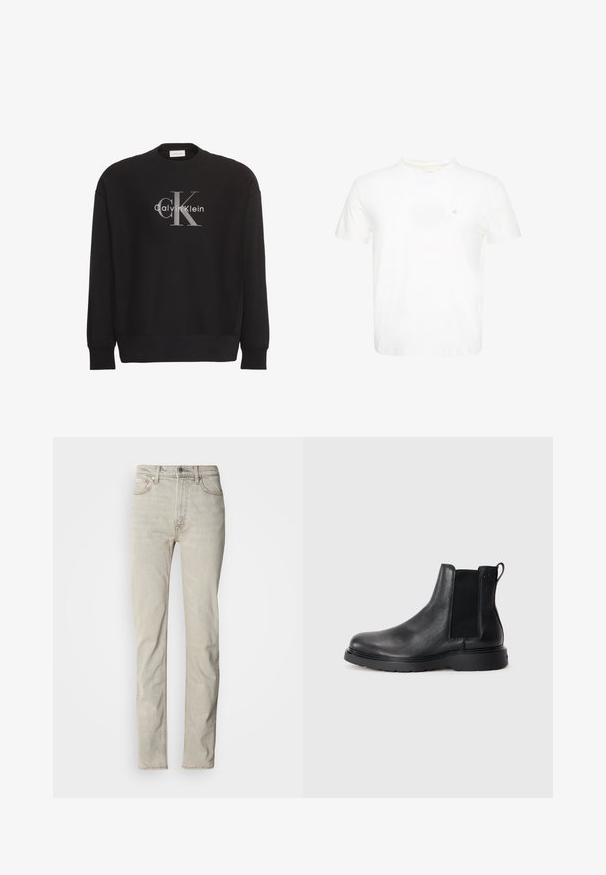 Čierna mikina s dlhým rukávom s veľkým sivým textovým logom "cK" a bielym "Calvin Klein" v strede na prednej strane.; Biele tričko s krátkym rukávom a okrúhlym výstrihom s malým vyšívaným logom "ck" na ľavej strane hrudníka.; Béžové rifle z denimu s rovnými nohavicami, päťvreckovým štýlom a zapínaním na gombík. Májemne textúru a minimálne švy ako ozdobné prvky.; Čierne kožené chelsea čižmy s textúrovaným povrchom, elastickými bočnými panelmi a pevným gumovým podpätkom. Diskrétny branding na päte.