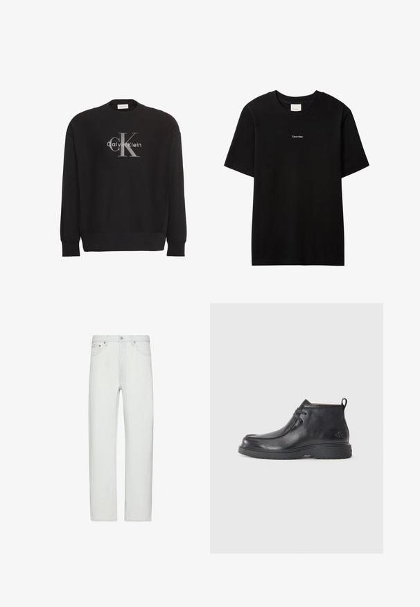 Čierna mikina s dlhým rukávom s veľkým sivým textovým logom "cK" a bielym "Calvin Klein" v strede na prednej strane.; Čierne bavlnené tričko s okrúhlym výstrihom a krátkymi rukávmi. Na prednej strane má malé biele logo „Calvin Klein“. Hladký, klasický strih.; Biele džínsy s vysokým pásom a rovným strihom, so zapínaním na predné gombíky a zips, pútkami na opasok a prednými vreckami.; Čierne kožené členkové čižmy s okrúhlou špičkou, šnurovací dizajn a pútko na zadnej strane. Štruktúrovaný zvršok a gumová podrážka.
