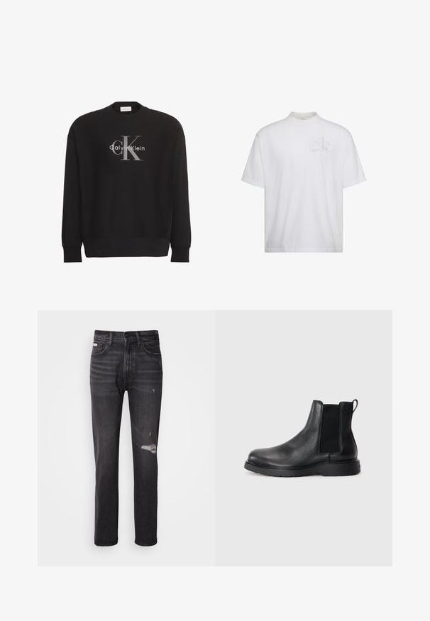 Schwarzer Langarm-Sweatshirt mit großem grauem "cK"-Textlogo und weißem "Calvin Klein"-Textlogo, mittig vorne platziert.; Weißes T-Shirt mit kurzen Ärmeln und Stehkragen, mit dezent erhabenem "ck"-Logo auf der linken Brustseite.; Schwarze Denim-Jeans mit gerade geschnittenem Bein, ausgefransten Details an den Knien, Fünf-Taschen-Stil und einem dezenten, ausgewaschenen Finish.; Schwarze Leder-Chelsea-Boots mit strukturiertem Finish, elastischen seitlichen Einsätzen und einer robusten Gummisohle. Dezentes Branding an der Ferse.