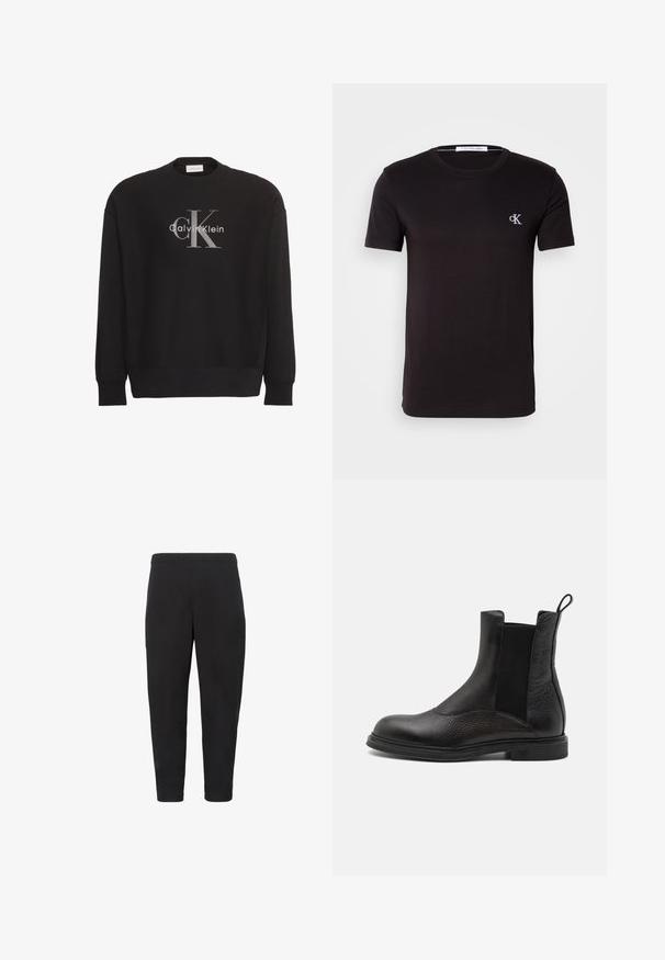 Čierna mikina s dlhým rukávom s veľkým sivým textovým logom "cK" a bielym "Calvin Klein" v strede na prednej strane.; Čierne tričko s krátkym rukávom a okrúhlym výstrihom s malým bielym logom "cK" na ľavej strane hrude a štítkom Calvin Klein Jeans vo vnútri goliera.; Čierne zúžené nohavice s elastickým pásom, bočnými vreckami a strihom po členky, zobrazené na bielom pozadí.; Emporio Armani Klasické členkové čižmy - nero
