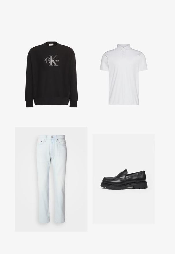 Must pikkade varrukatega dressipluus, millel on suur hall "cK" ja valge "Calvin Klein" tekstilogoga esiküljel keskel.; Valge lühikeste varrukatega polo-särk kraega ja kolme nupuga plokiga. Sile tekstuur, millel puuduvad nähtavad mustrid või aktsendid.; Heledad sinine teksapüksid sirge lõikega. Omab nup closure'i ja vöölõikeid, esitledes kulunud tekstuuri ja minimaalset õmblust.; Must nahast loafer paksu soonilise tallaga ja mündirihma detailiga, näidatud parempoolse profiilina valgel taustal.