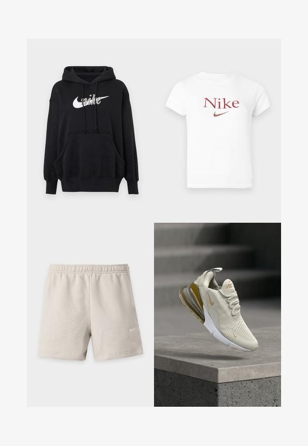 Μαύρο φούτερ Nike με λευκό λογότυπο, μπροστινή τσέπη τύπου πουγκί, μακριά μανίκια, ριμπ μανσέτες και τελείωμα, και ρυθμιζόμενο καπό με κορδόνι.; Λευκό κοντομάνικο μπλουζάκι με κόκκινο κείμενο "Nike" και λογότυπο Nike swoosh σε λεοπάρ σχέδιο κεντραρισμένο στο στήθος.; Ανοιχτό μπεζ αθλητικά σορτς με ελαστική μέση και μικρό λευκό λογότυπο Nike Swoosh στο κάτω δεξί πόδι.; Μπεζ αθλητικό παπούτσι Nike Air Max με πορτοκαλί λογότυπα και ορατή σόλα με αερόσακο, που αιωρείται πάνω από μια τσιμεντένια γωνία σε εσωτερικό χώρο.