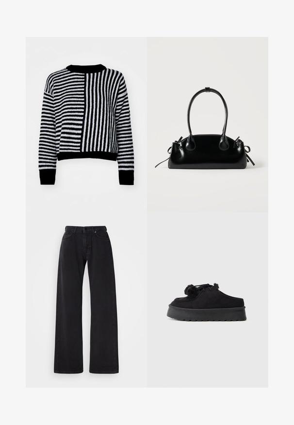 Pull rayé noir et blanc avec des rayures horizontales et verticales contrastées, dotée d'un col rond et de manchettes et d'un ourlet côtelés.; Jean noir à jambes larges en denim, doté d'un design classique à cinq poches et d'une fermeture à boutons et glissière. Texture lisse avec des coutures subtiles.; Des chaussures noires en daim à enfiler avec une semelle en caoutchouc épaisse, présentant un bout arrondi, des pompons décoratifs et des détails cousus.; Petit sac à main noir brillant avec deux longues anses et des détails à cordon sur les côtés sur un fond clair uni.