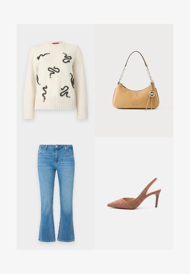Pull en crème avec des motifs de serpents en perles noires sur l'ensemble. Ourlets et poignets côtelés ajoutent de la texture ; col rond. Matière en maille douce.; Jeans évasés en denim bleu clair avec une taille haute, des poches avant et un délavage usé. Comprend une fermeture à bouton en métal et des coutures contrastantes.; Escarpin slingback en daim marron à bout pointu avec un talon stiletto de hauteur moyenne et un motif matelassé subtil sur fond blanc.; Sac à main Michael Kors en cuir marron clair avec poignée chaîne argentée, breloque logo, et inscription "MICHAEL KORS" sur le devant.