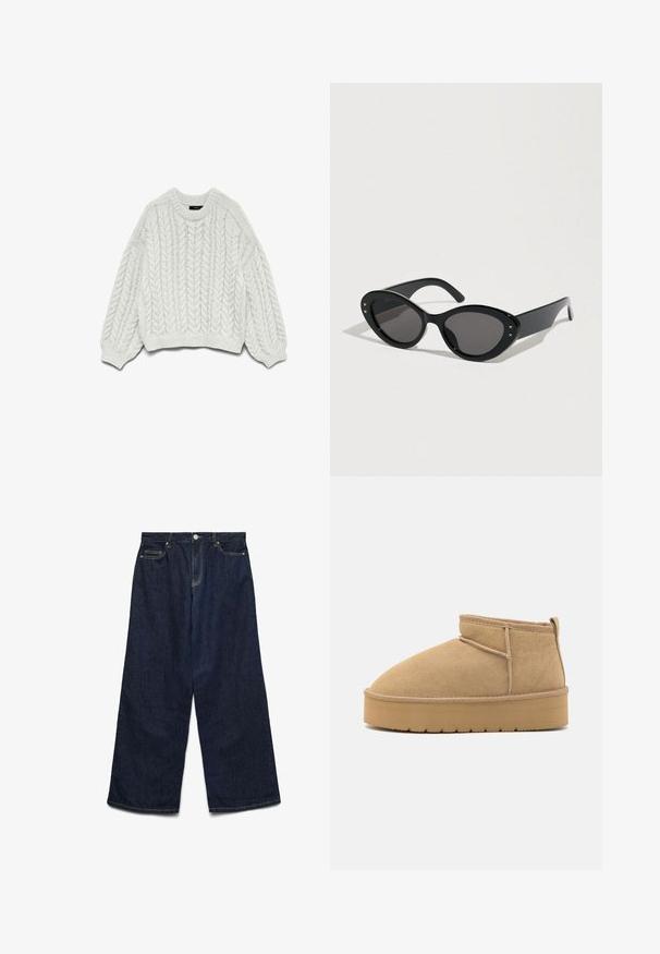 Hvid strikket sweater med et kabelstrikkemønster, rund halsudskæring og lange ærmer med ribbede manchetter og kant.; Mørk denim brede ben jeans med høj talje, fem lommer, knaplukning foran og kontraststikninger.; Beige suede ankelstøvler med rund tå, minimale syninger og en lysebrun gummisål med et tekstureret mønster.; Sorte solbriller med en stor cat-eye form. Glatte plaststel med mørke linser og små stjerne-accentsider.