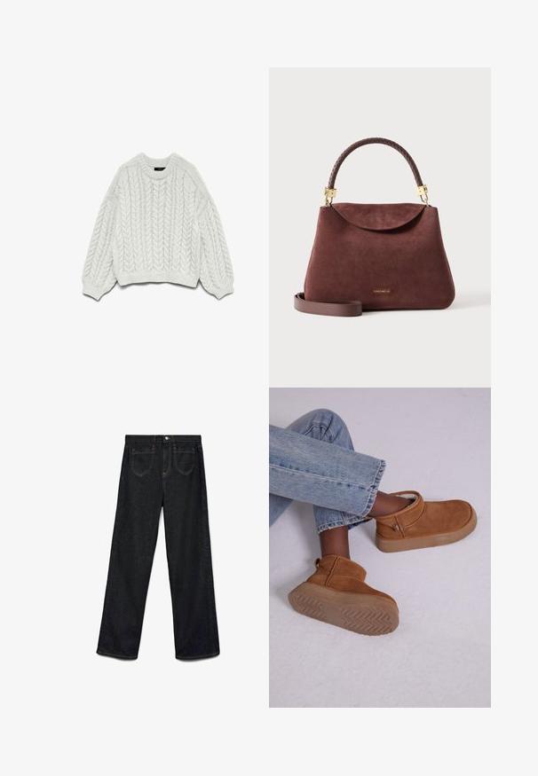 Hvid strikket sweater med et kabelstrikkemønster, rund halsudskæring og lange ærmer med ribbede manchetter og kant.; Sorte denim wide-leg jeans med en afslappet pasform, der har to frontlommer, nitterdetaljer og kontrasterende orange syninger.; Brune ruskinds ankelstøvler med en blød foring, rund tå og en let chunky gummisål med et fiskebensmønster.; Brun ruskindtaske med flettet topstrop, aftagelig skulderrem, guldfarvet hardware og lille "Coccinelle"-logo foran.