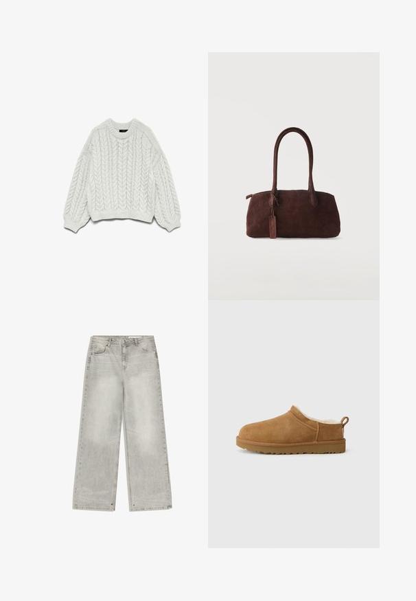 Hvid strikket sweater med et kabelstrikkemønster, rund halsudskæring og lange ærmer med ribbede manchetter og kant.; Grå denim jeans med brede ben har en falmet finish, fem lommer og metalhardware. Stoffet har en blød tekstur med en ren kant.; Brune ruskind slip-on sko med blødt, hvidt pelsfor, flad gummisål, rund tå og lille trækstrop ved hælen.; Mørkebrun ruskindshåndtaske med to lange håndtag og en lille fastgjort tag, sat mod en ensfarvet lys baggrund.