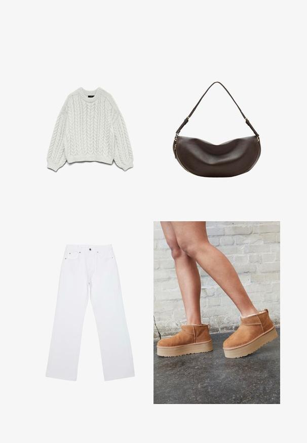 Pull en maille blanche avec un motif en torsades, col rond, et manches longues avec des poignets et un ourlet côtelés.; Jean droit blanc avec cinq poches, passants de ceinture et fermeture avant par bouton et zip, posé à plat sur un fond blanc.; Bottines en suède marron avec une doublure en peluche, semelle épaisse en beige et une poignée à l'arrière. Surface texturée avec des détails de couture visibles.; Sac à bandoulière en cuir marron foncé avec une forme courbée, une sangle réglable et une fermeture éclair dorée le long du bord inférieur.