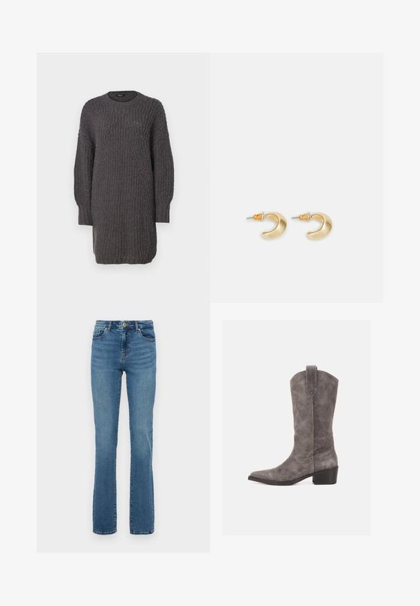Robe pull en maille gris foncé avec un col rond, des manches longues, des détails côtelés et une coupe décontractée. Texture douce avec un tissage épais.; Jeans blue taille haute à jambes droites avec bouton et fermeture éclair à l'avant, design à cinq poches et décoloration subtile au niveau des cuisses et des genoux.; Botte western mi-mollet en suède gris avec bout pointu, languette de tirage et petit talon empilé sur fond blanc.; Boucles d'oreilles en forme de croissant en or avec une finition lisse, présentant des accents orange près du clou et un matériel en argent.