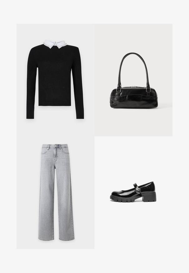 Pull noir à manches longues avec un col blanc orné d'accents en bijoux. Poignets et ourlet côtelés, fabriqué en matériau tricot doux.; Jean denim gris clair à jambes larges avec bouton devant, fermeture éclair et poches devant sur fond blanc uni.; Chaussure Mary Jane en cuir verni noir avec un talon épais, un bout rond et une sangle ornée d'une boucle en forme de cœur.; Sac à main en cuir noir de forme rectangulaire, doté d'une seule ansse structurée, de quincaillerie argentée et d'une fermeture éclair. Texture lisse.