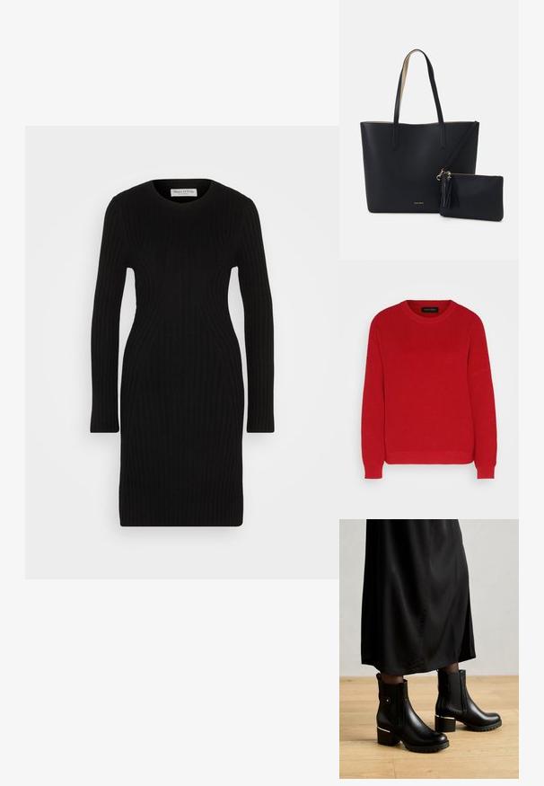 Rød strikket sweater med rund hals, ribbet tekstur og let oversized ærmer. Har en lige søm og slidstærkt stof.; Sort strikket kjole med lange ærmer, ribbet tekstur og tætsiddende silhuet. Rundet halsudskæring og knælangt design.; Sorte læder ankelstøvler med en chunky hæl, guldhardware-detaljer, struktureret sål og elastiske sidepaneler, parret med en sort nederdel.; Sort tote taske med struktureret materiale, to lange håndtag og en aftagelig lynlåspose med en frynse-detalje. Guld mærkelogo synligt.