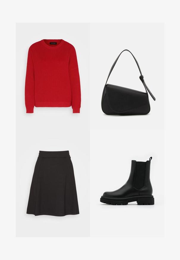 Rød strikket sweater med rund hals, ribbet tekstur og let oversized ærmer. Har en lige søm og slidstærkt stof.; Sort flagrende nederdel lavet af et blødt stof med en glat tekstur. Har en bred talje og falder til midt på låret.; Sorte læder Chelsea-støvler har en glat overflade, elastiske sidetillæg, en løftestang og en kraftig gummisål med en tekstureret slidbane.; Sort læderhåndtaske med en triangular form, skrå klap og et rundt håndtag. Har en glat overflade og minimalistiske design detaljer.