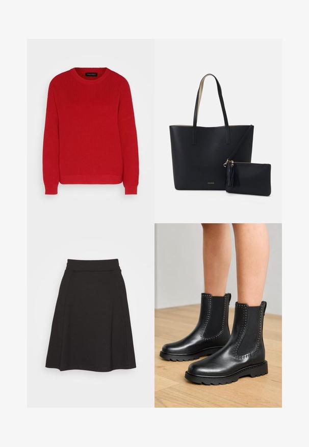 Suéter de punto rojo con un escote redondo, textura acanalada y mangas ligeramente oversize. Presenta un dobladillo recto y una tela duradera.; Falda negra acampanada hecha de una tela suave con una textura lisa. Presenta una cinturilla ancha y llega hasta la mitad del muslo.; Botas de tobillo de cuero negro con paneles laterales elásticos y acentos con tachuelas, que presentan una suela gruesa y un acabado texturizado.; Bolsa tote negra con material texturizado, dos asas largas y un bolso con cremallera removible que cuenta con un detalle de borlas. Logo de la marca en dorado visible.