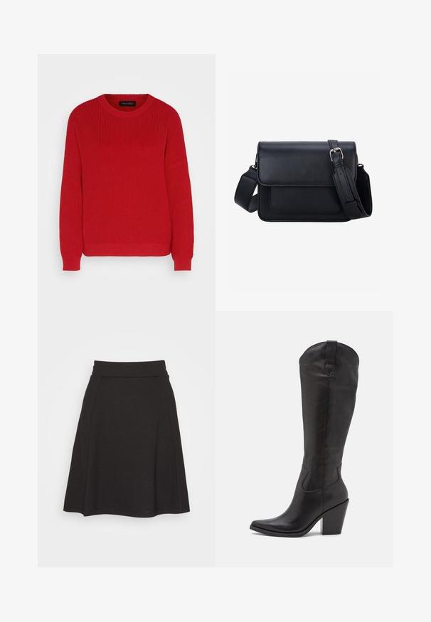 Pull en tricot rouge avec un col ras du cou, une texture côtelée et des manches légèrement oversize. Présente un ourlet droit et un tissu durable.; Jupe noire évasée en tissu doux avec une texture lisse. Elle possède une large ceinture et arrive à mi-cuisse.; Botte noire montant en cuir lisse, avec un bout pointu, un talon empilé et des coutures subtiles sur le côté.; Sac bandoulière rectangulaire en cuir noir avec sangle réglable et boucle argentée sur fond blanc uni.
