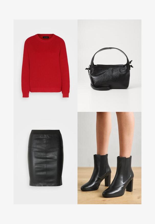 Pull en tricot rouge avec un col ras du cou, une texture côtelée et des manches légèrement oversize. Présente un ourlet droit et un tissu durable.; Jupe crayon noire en cuir lisse, dotée d'une taille élastique pour une silhouette ajustée et un design minimaliste.; Bottes noires en cuir jusqu'aux chevilles avec un talon carré, dotées de panneaux latéraux élastiques, d'une texture lisse et d'une silhouette épurée.; Sac à main en cuir noir au design structuré, avec une poignée arrondie et une bandoulière amovible. Présente une texture lisse et un éclat subtil.