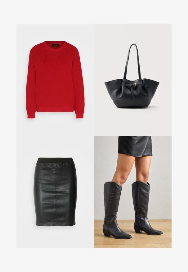 Pull en tricot rouge avec un col ras du cou, une texture côtelée et des manches légèrement oversize. Présente un ourlet droit et un tissu durable.; Jupe crayon noire en cuir lisse, dotée d'une taille élastique pour une silhouette ajustée et un design minimaliste.; Bottes noires montantes en cuir lisse, avec un bout pointu, un petit talon carré et une fermeture éclair sur le côté pour un enfilage facile.; Sac cabas en cuir noir avec longues poignées et une lanière avant ornée d'une petite boucle dorée, sur fond uni.