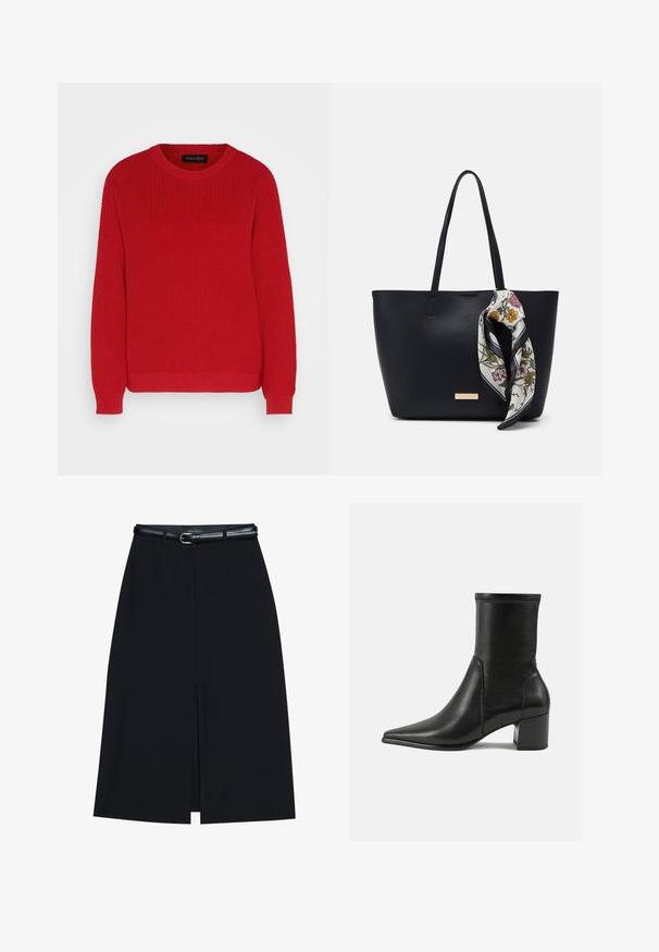 Suéter de punto rojo con un escote redondo, textura acanalada y mangas ligeramente oversize. Presenta un dobladillo recto y una tela duradera.; Falda negra hasta la rodilla con una abertura en la parte delantera, hecha de tejido suave. Presenta un delgado cinturón negro con una hebilla plateada y pasadores para el cinturón.; Botín negro de tobillo hecho de piel suave, con punta afilada, tacón cuadrado y costura elevada distintiva en el borde superior.; Bolso de tote de cuero negro con dos asas, decorado con una bufanda de seda floral atada en el asa y un acento metálico con el logotipo en el frente.