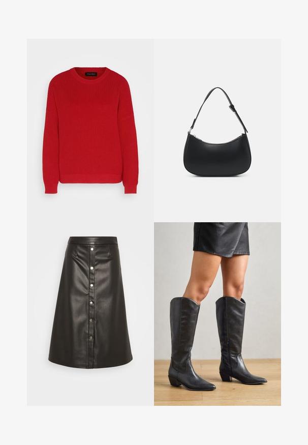 Rød strikket sweater med rund hals, ribbet tekstur og let oversized ærmer. Har en lige søm og slidstærkt stof.; Sort A-linje nederdel lavet af kunstlæder, med frontknaplukning med sølvfarvede knapper og struktureret talje.; Sorte knæhøje støvler lavet af glat læder, med spidse tæer, lav blokhæle og lynlås i siden for nem påtagning.; Pieces PCALUANA SHOULDER BAG - Håndtasker - black