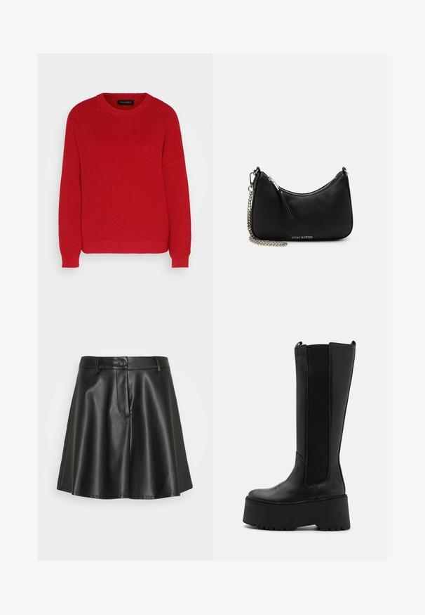 Červený pletený sveter s okrúhlym výstrihom, rebrovanou textúrou a mierne nadmernými rukávmi. Má rovný lem a odolnú tkaninu.; Vero Moda VMLINE SHORT SKIRT - Minisukňa - black; Čierne čižmy po kolená s hladkým koženým telom, elastickými bočnými panelmi a hrubou platformovou podrážkou s textúrovaným dnom.; Čierna syntetická kabelka s zakriveným tvarom, strieborným reťazovým popruhom, zipsovým uzáverom a embosovaným logom značky na prednej strane. Hladký povrch.