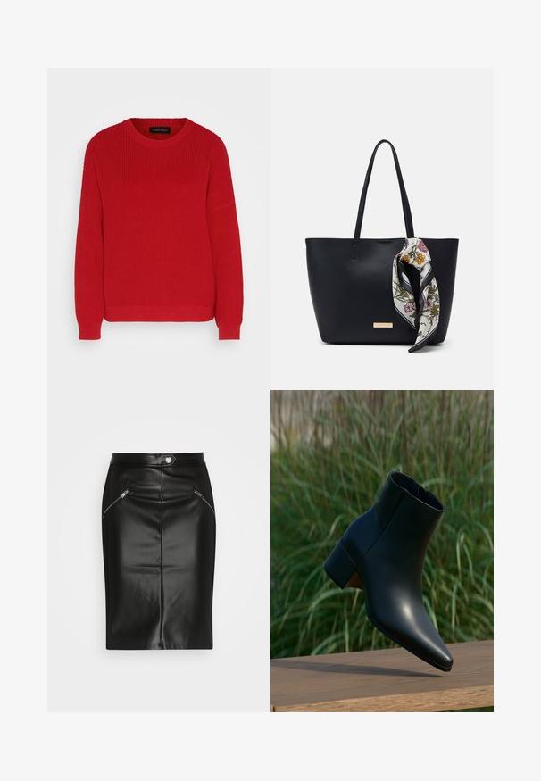 Pull en tricot rouge avec un col ras du cou, une texture côtelée et des manches légèrement oversize. Présente un ourlet droit et un tissu durable.; Jupe crayon en cuir noir avec une texture lisse, dotée de deux poches zippées à l'avant et d'une silhouette ajustée.; Bottine noire en cuir avec talon bloc, bout pointu, présentée au-dessus d'une surface en bois avec un fond flou d'herbe verte.; Sac fourre-tout en cuir noir avec deux poignées, orné d'une écharpe en soie florale attachée à la poignée et d'un accent logo métallique à l'avant.