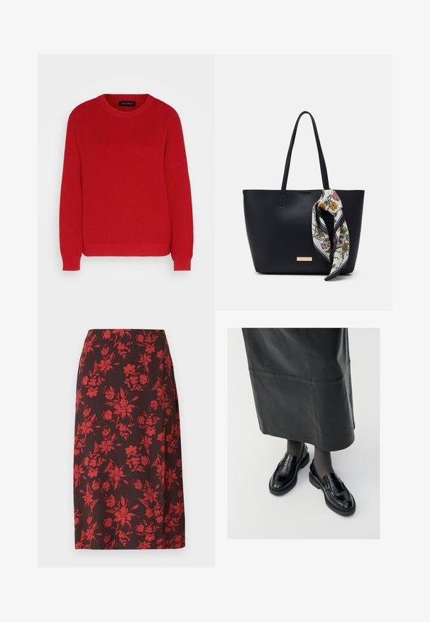 Pull en tricot rouge avec un col ras du cou, une texture côtelée et des manches légèrement oversize. Présente un ourlet droit et un tissu durable.; Anna Field by Zalando MIDI SPLIT - Jupe crayon - red/brown; Mocassins en cuir noir avec une finition lisse, ornés d'une bande décorative, à bout rond et avec une semelle texturée. Portés avec une longue jupe en cuir noir.; Sac fourre-tout en cuir noir avec deux poignées, orné d'une écharpe en soie florale attachée à la poignée et d'un accent logo métallique à l'avant.